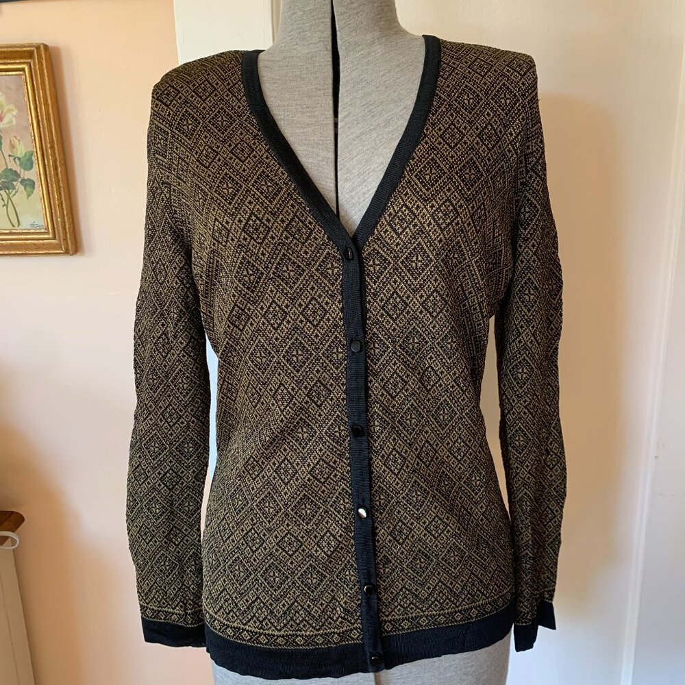 DANA BUCHMAN VTG Cardigan Sweater M Black Gold Jacquard Knit Geometric Preppy